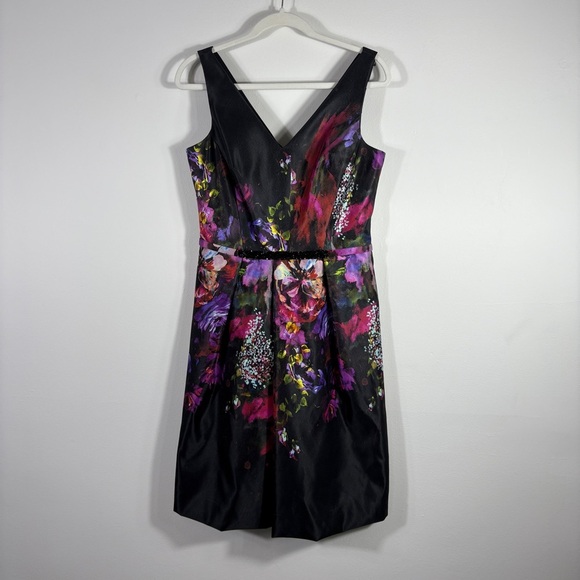Ricki Freeman Teri Jon Dress Black Floral Beaded Belt A Line V Neck Size 8 - Picture 1 of 13